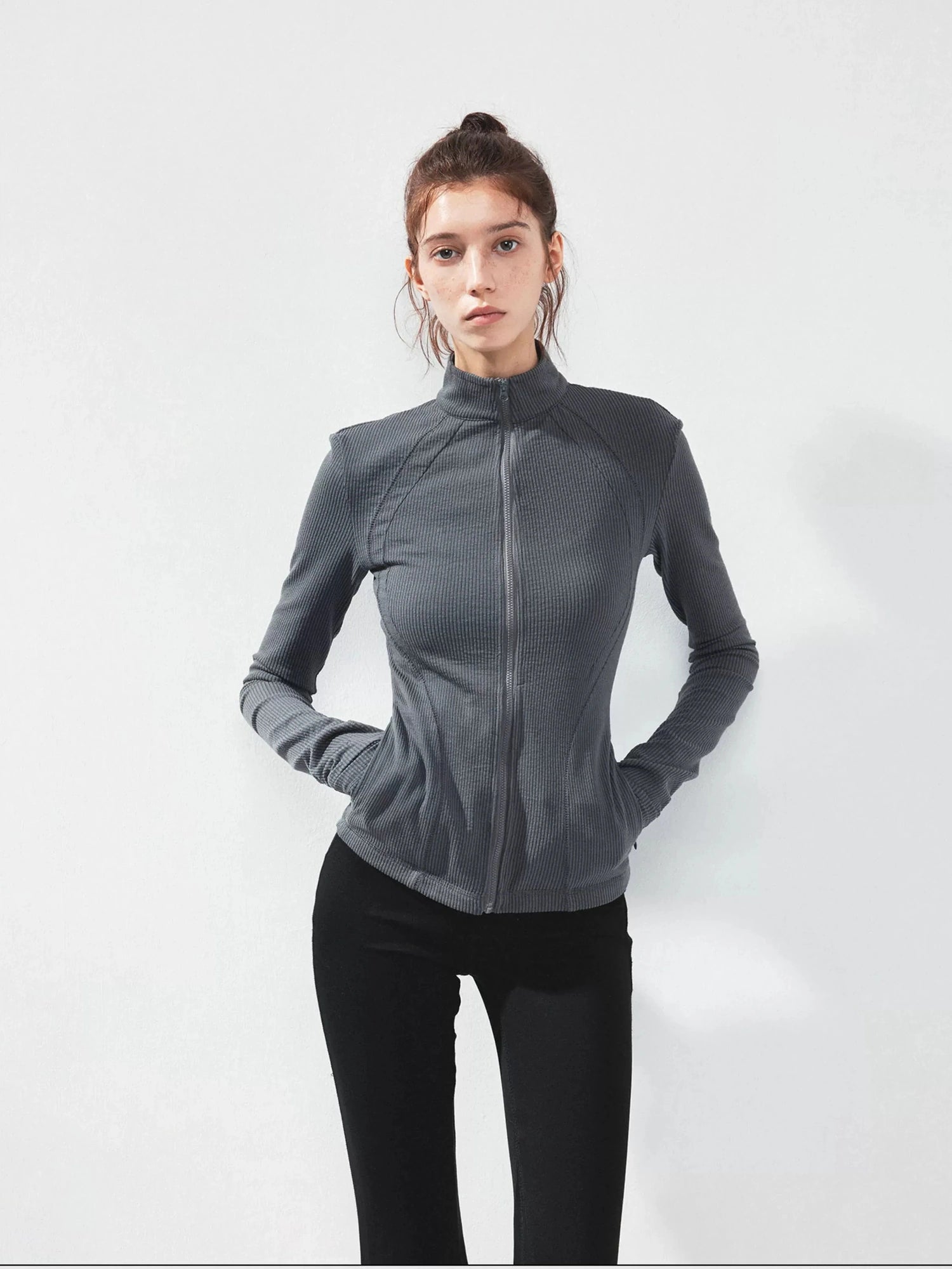 kvkv Gray Stripe Fitted Yoga Jacket