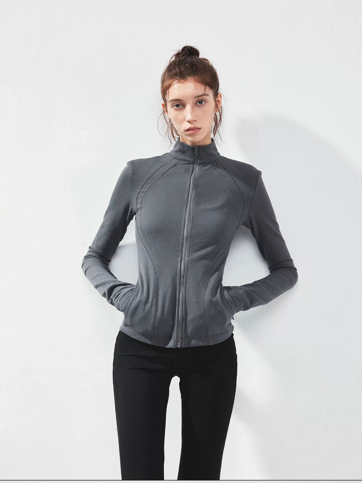 kvkv Gray Stripe Fitted Yoga Jacket
