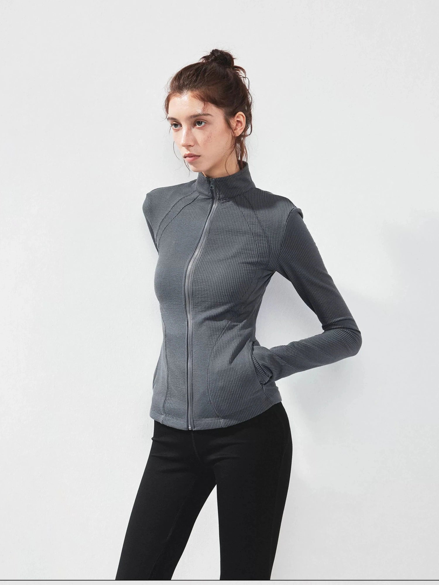 kvkv Gray Stripe Fitted Yoga Jacket