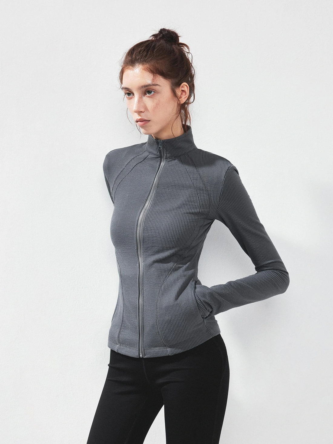 kvkv Gray Stripe Fitted Yoga Jacket