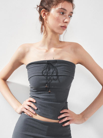 kvkv Gray Stripe Fold Over Tie Front Crop Top