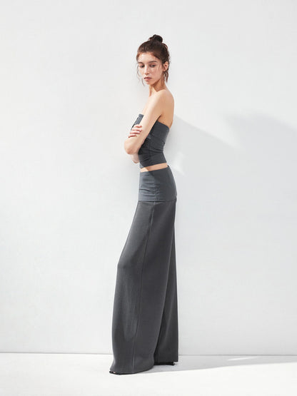 kvkv Gray Stripe Fold Over Tie Front Crop Top