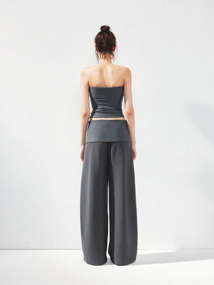 kvkv Gray Stripe Fold Over Tie Front Crop Top