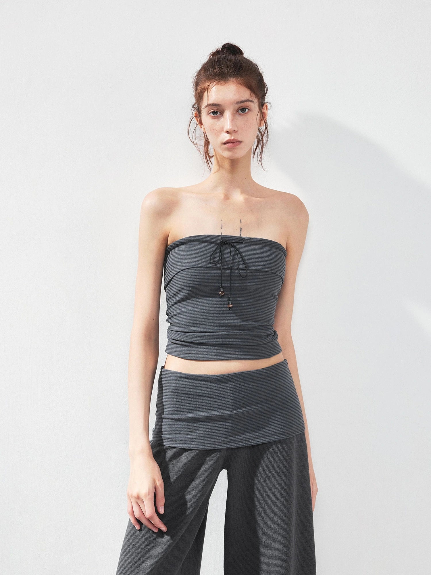 kvkv Gray Stripe Fold Over Tie Front Crop Top