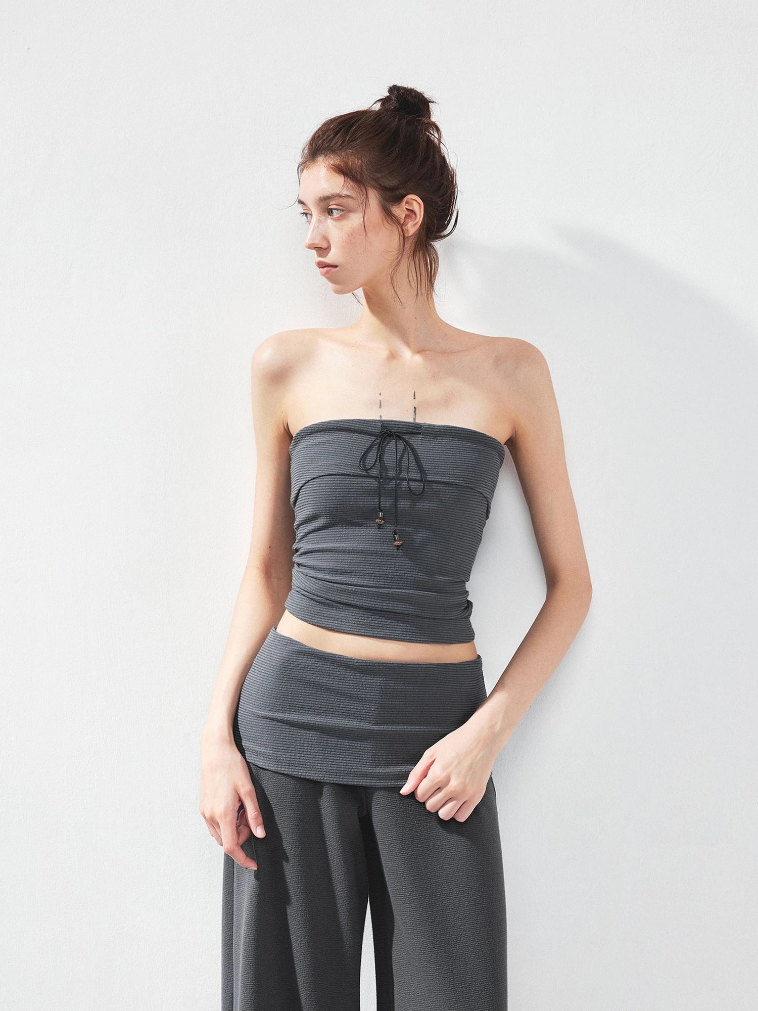 kvkv Gray Stripe Fold Over Tie Front Crop Top