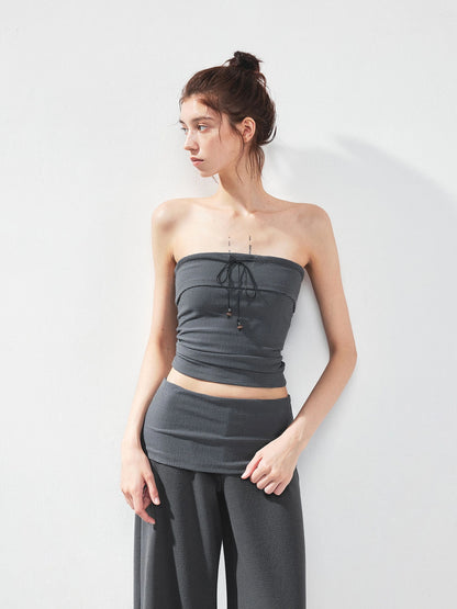 kvkv Gray Stripe Fold Over Tie Front Crop Top