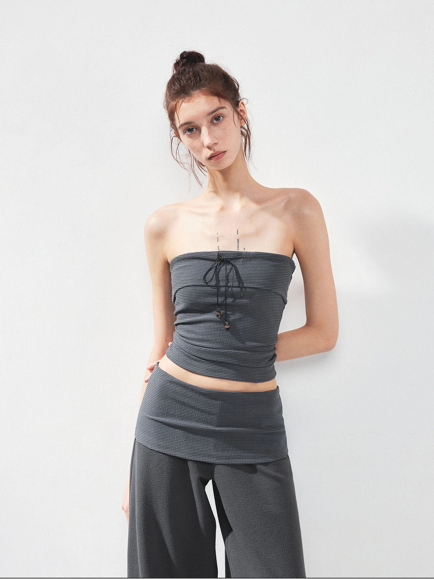 kvkv Gray Stripe Fold Over Tie Front Crop Top