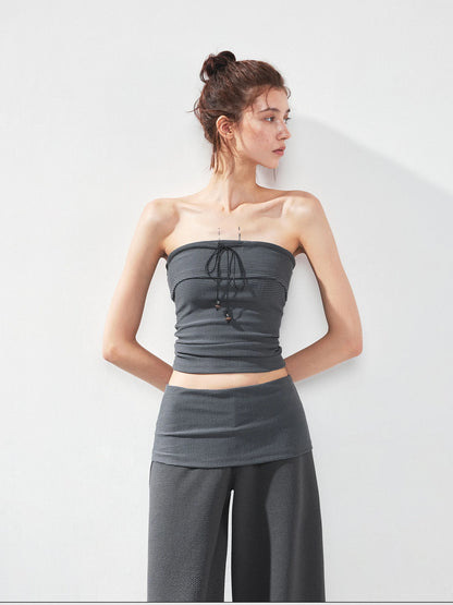 kvkv Gray Stripe Fold Over Tie Front Crop Top
