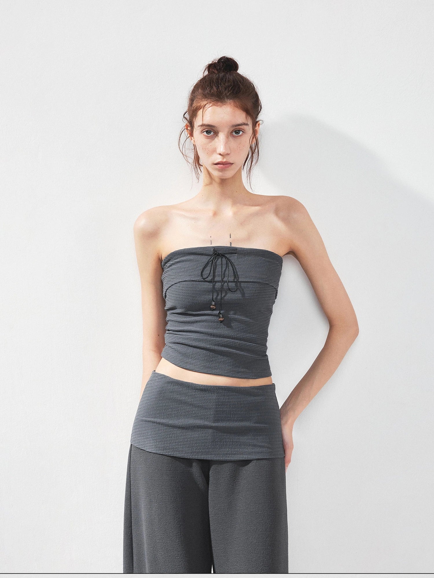 kvkv Gray Stripe Fold Over Tie Front Crop Top