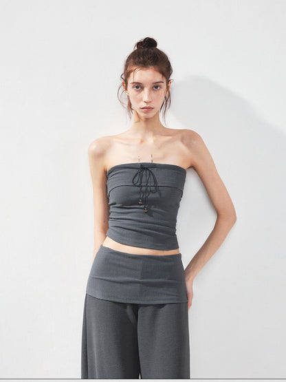 kvkv Gray Stripe Fold Over Tie Front Crop Top