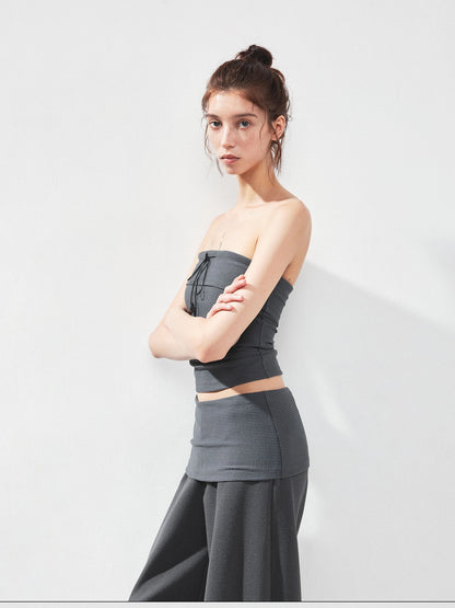 kvkv Gray Stripe Fold Over Tie Front Crop Top