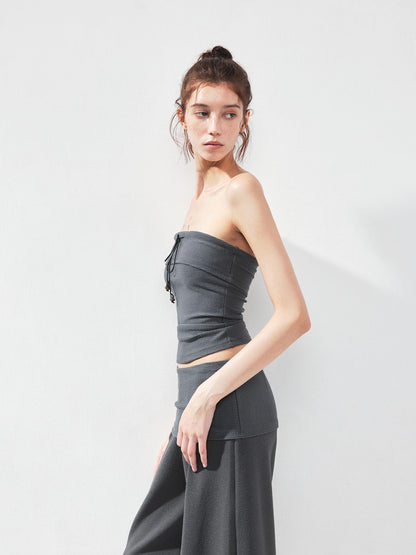 kvkv Gray Stripe Fold Over Tie Front Crop Top