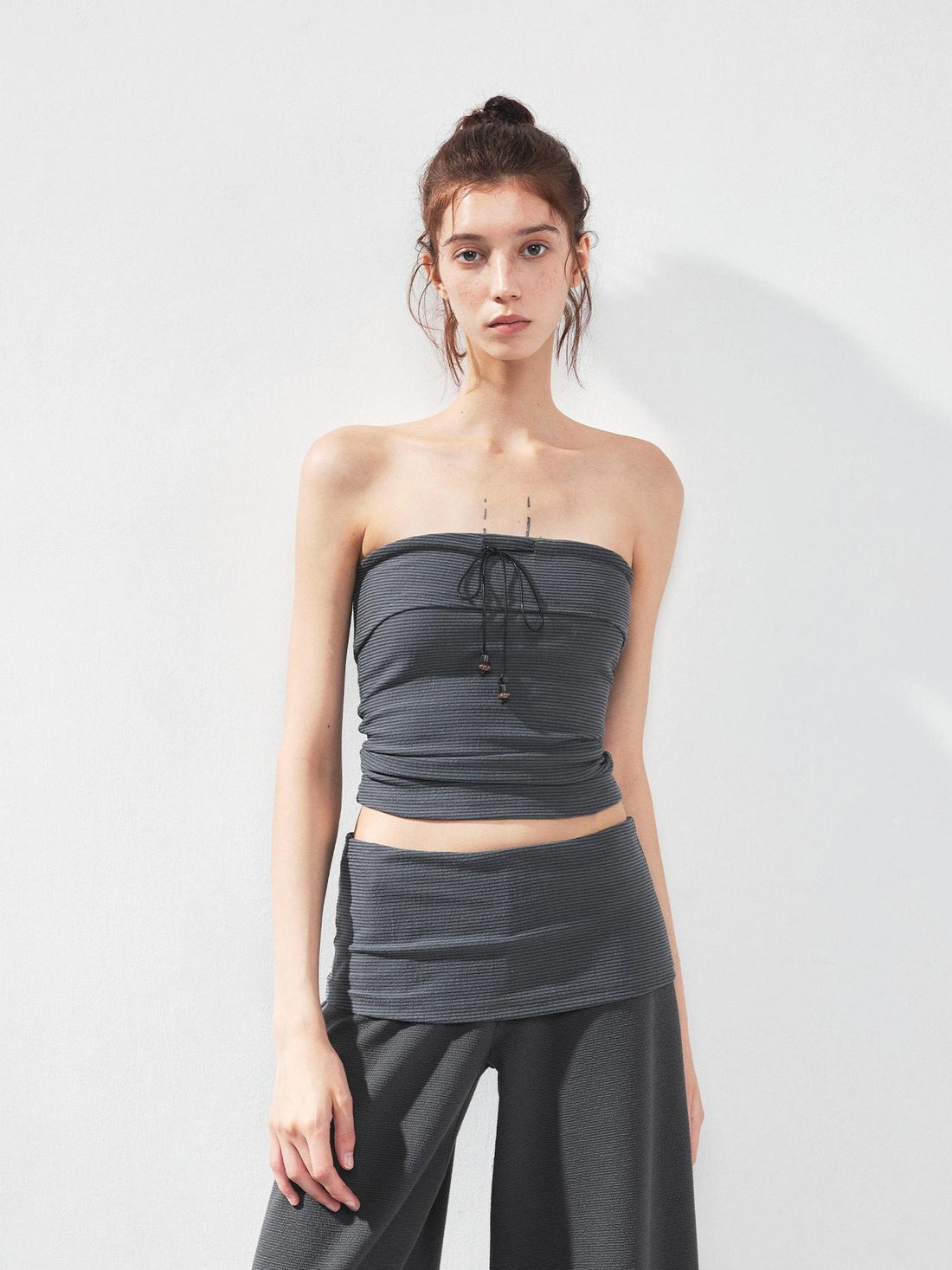 kvkv Gray Stripe Fold Over Tie Front Crop Top
