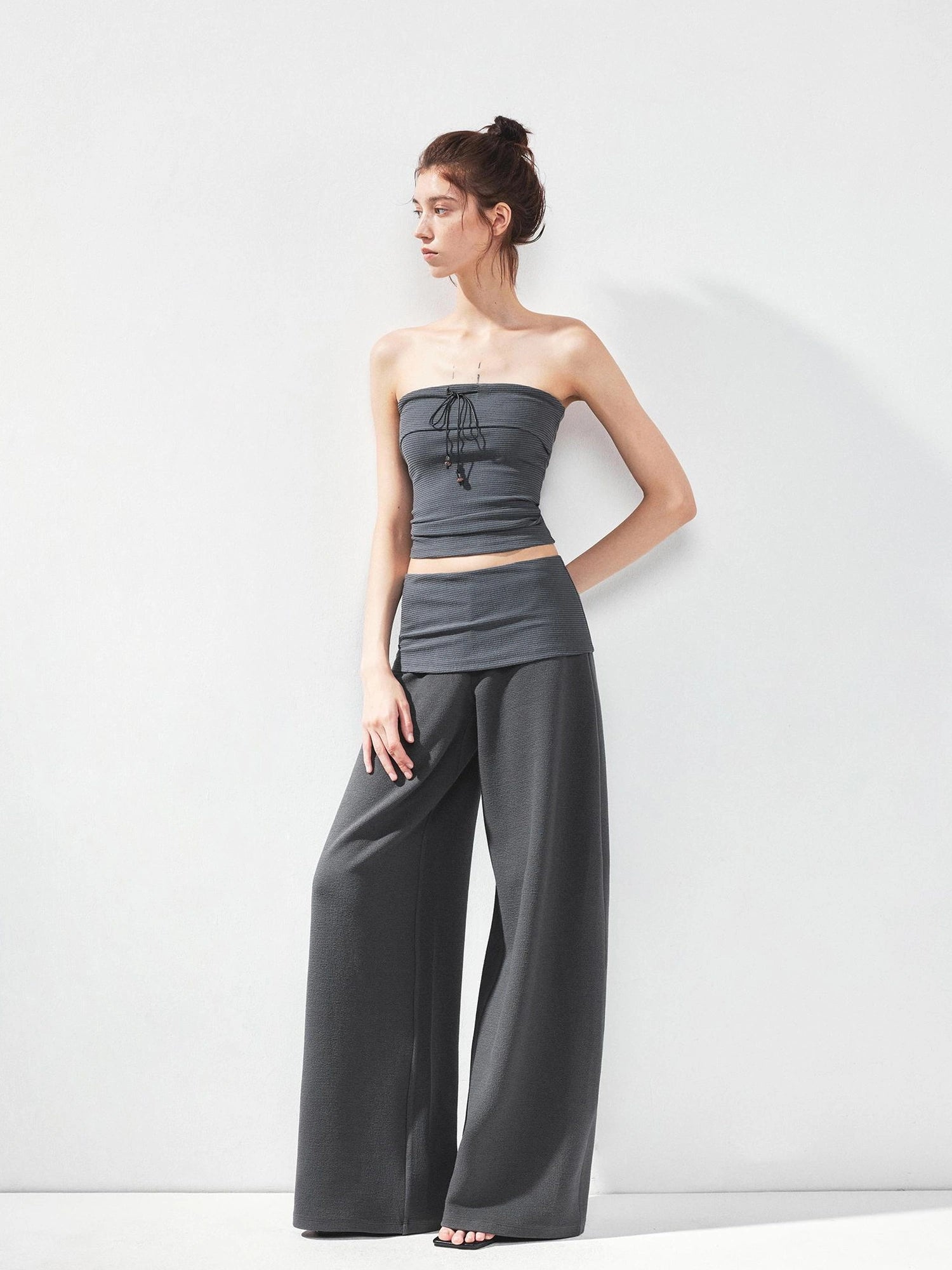 kvkv Gray Stripe Fold Over Tie Front Crop Top