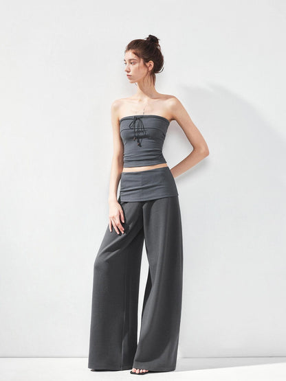 kvkv Gray Stripe Fold Over Tie Front Crop Top