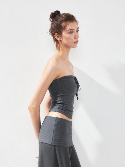 kvkv Gray Stripe Fold Over Tie Front Crop Top