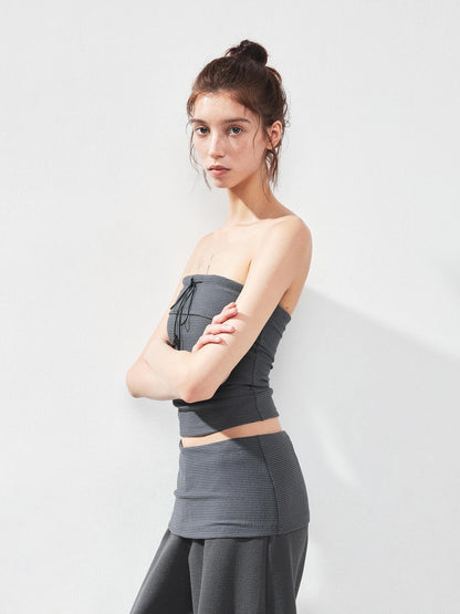 kvkv Gray Stripe Fold Over Tie Front Crop Top