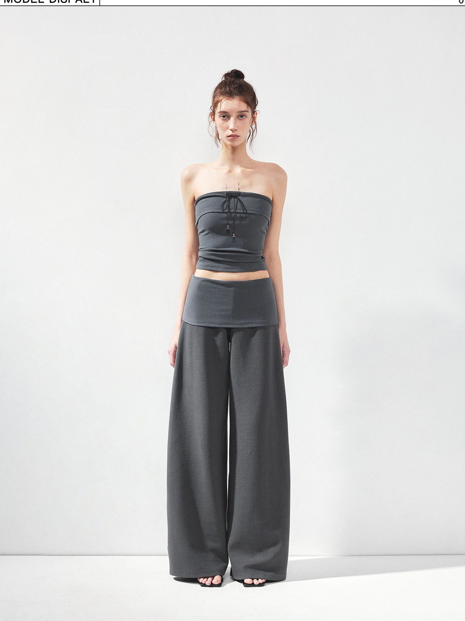 kvkv Gray Stripe Fold Over Tie Front Crop Top