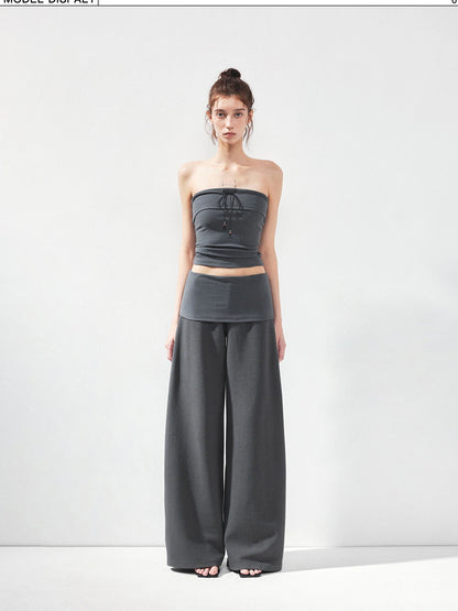 kvkv Gray Stripe Fold Over Tie Front Crop Top