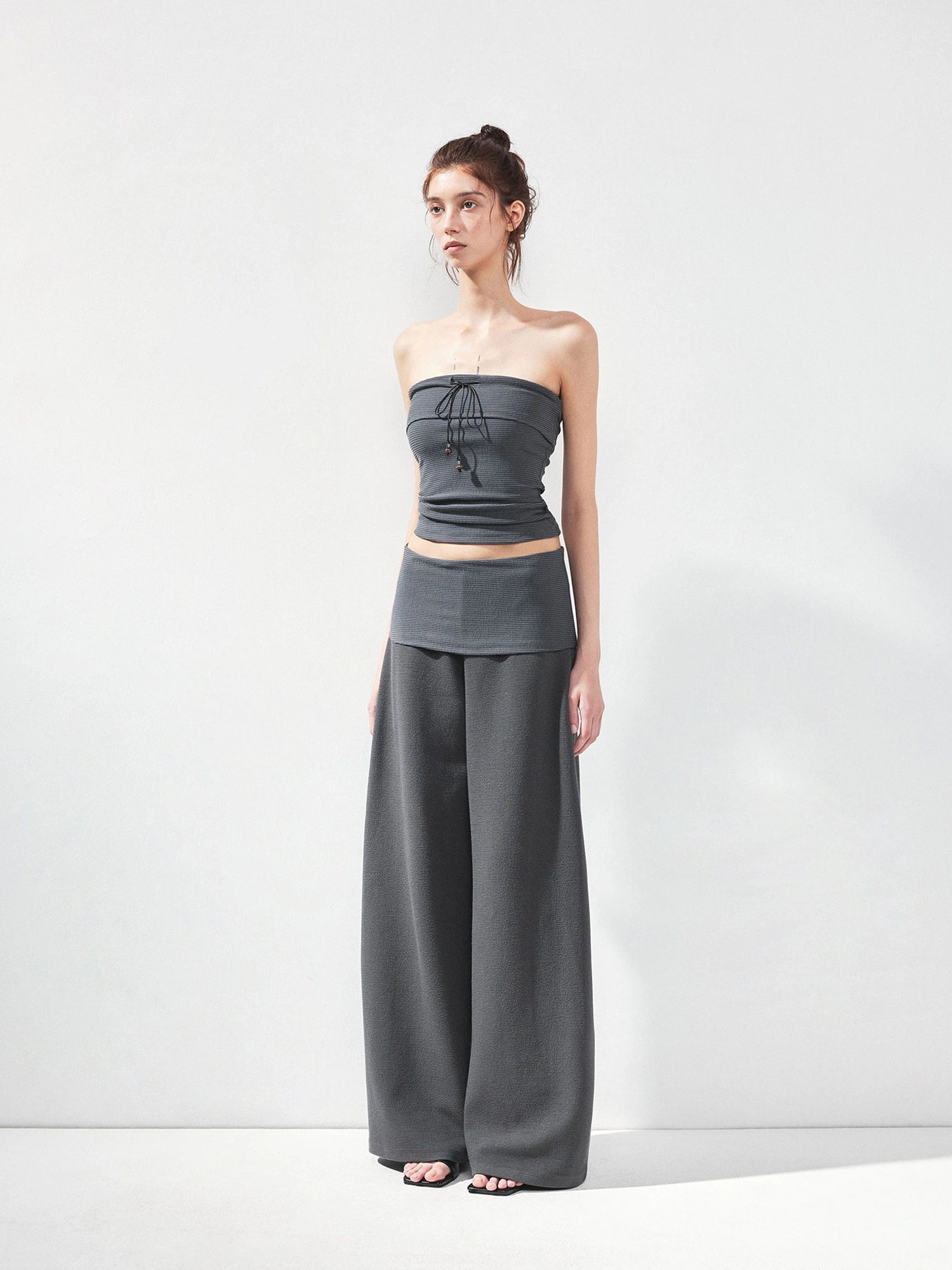 kvkv Gray Stripe Fold Over Tie Front Crop Top