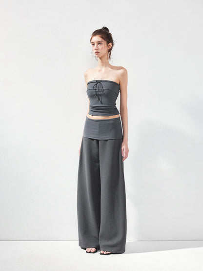kvkv Gray Stripe Fold Over Tie Front Crop Top