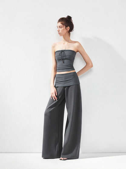 kvkv Gray Stripe Fold Over Tie Front Crop Top