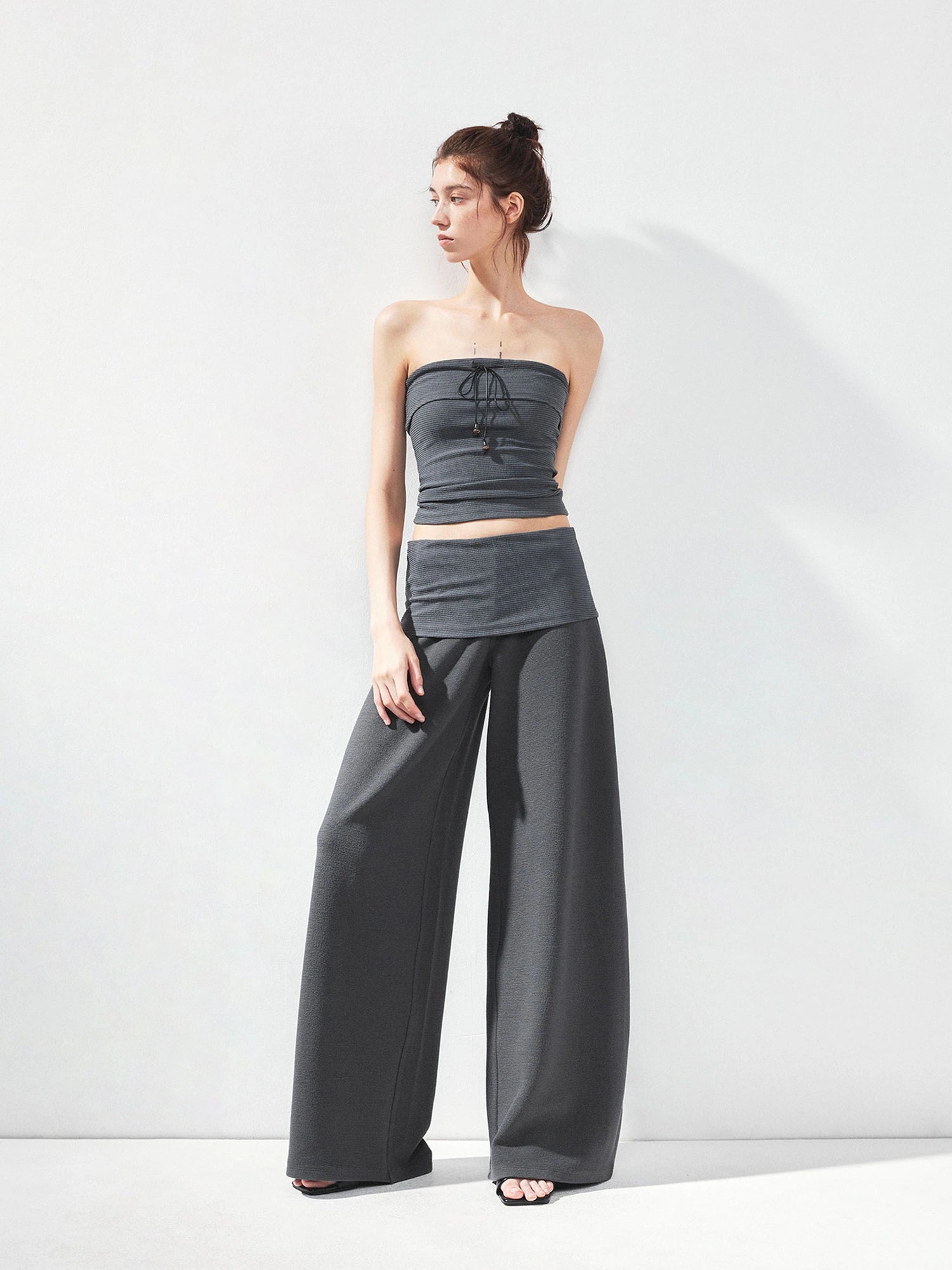 kvkv Gray Stripe Fold Over Tie Front Crop Top
