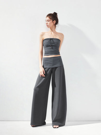 kvkv Gray Stripe Fold Over Tie Front Crop Top