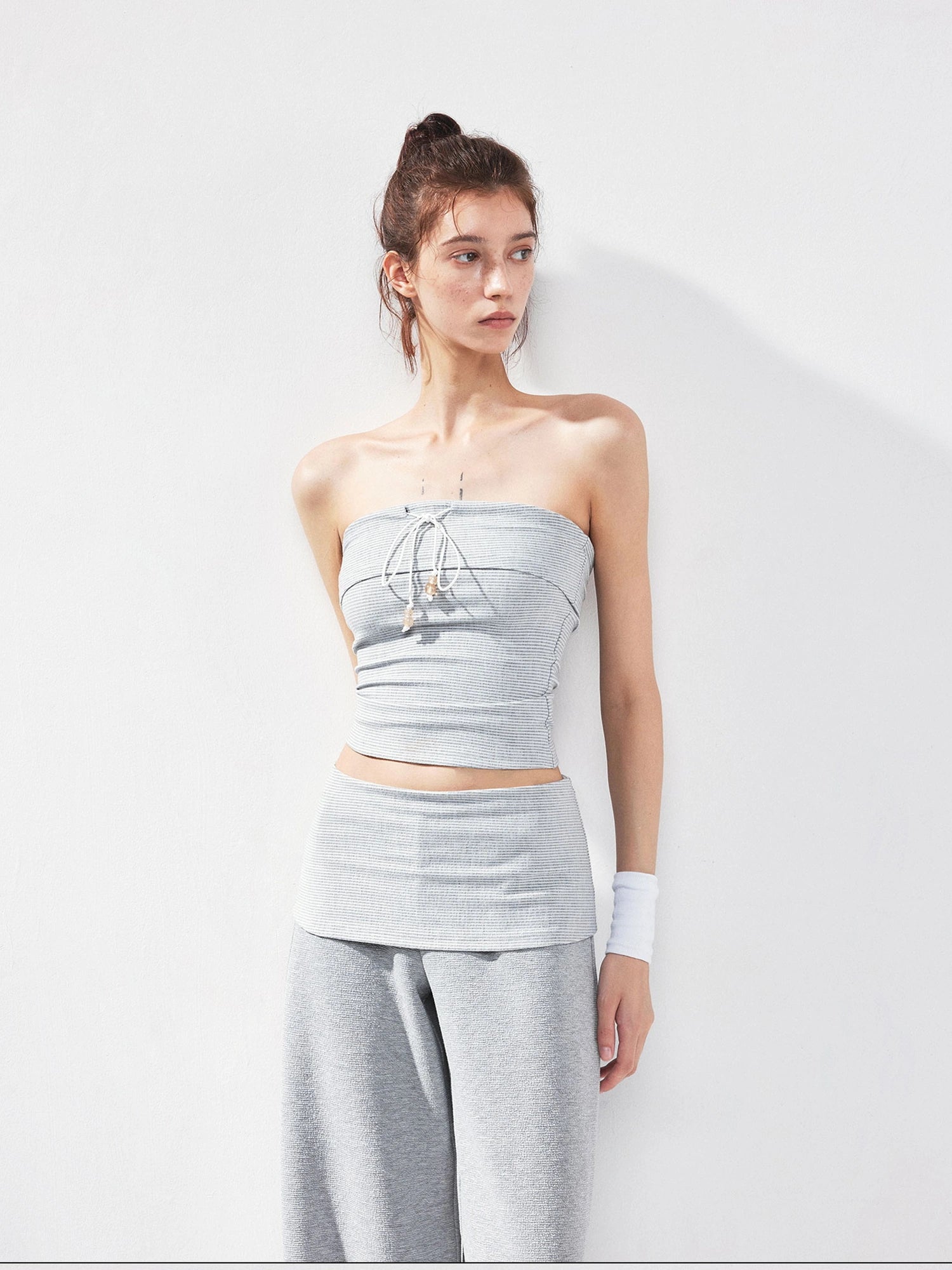 kvkv Gray Striped Fold Over Tie Front Yoga Top