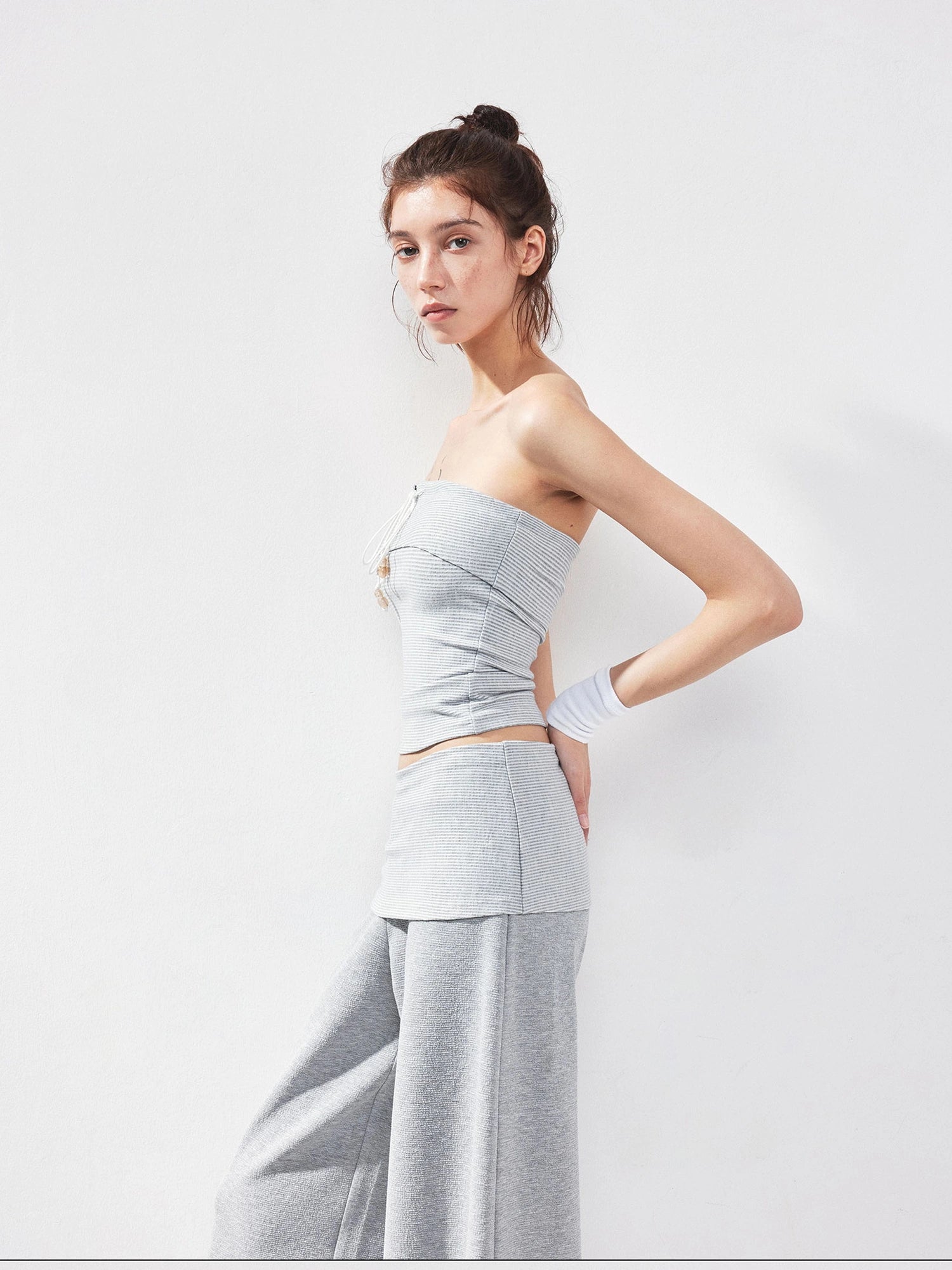 kvkv Gray Striped Fold Over Tie Front Yoga Top