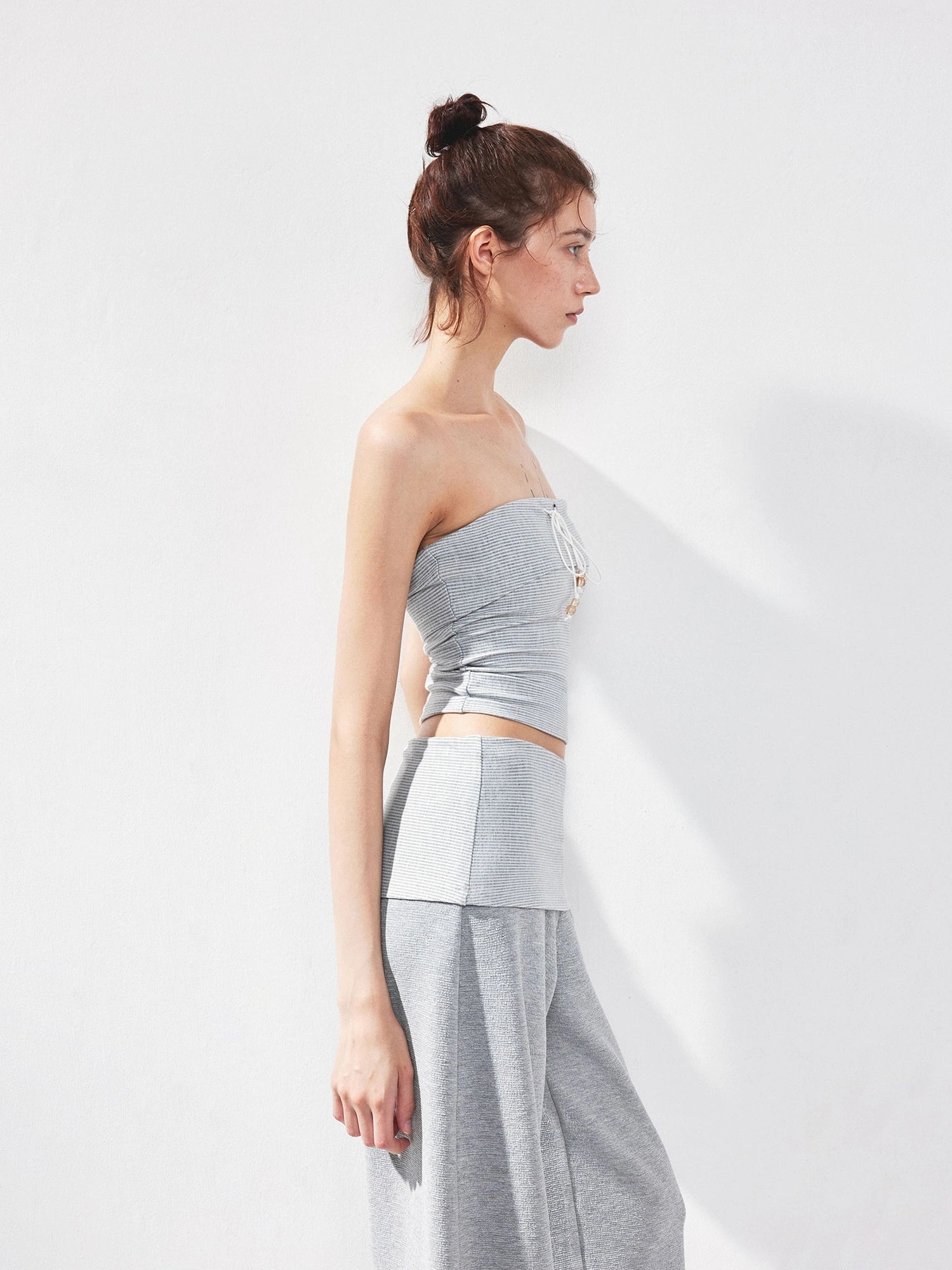 kvkv Gray Striped Fold Over Tie Front Yoga Top