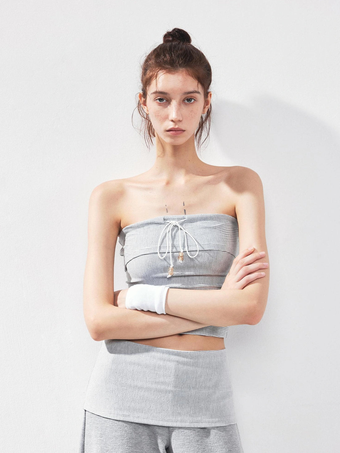 kvkv Gray Striped Fold Over Tie Front Yoga Top
