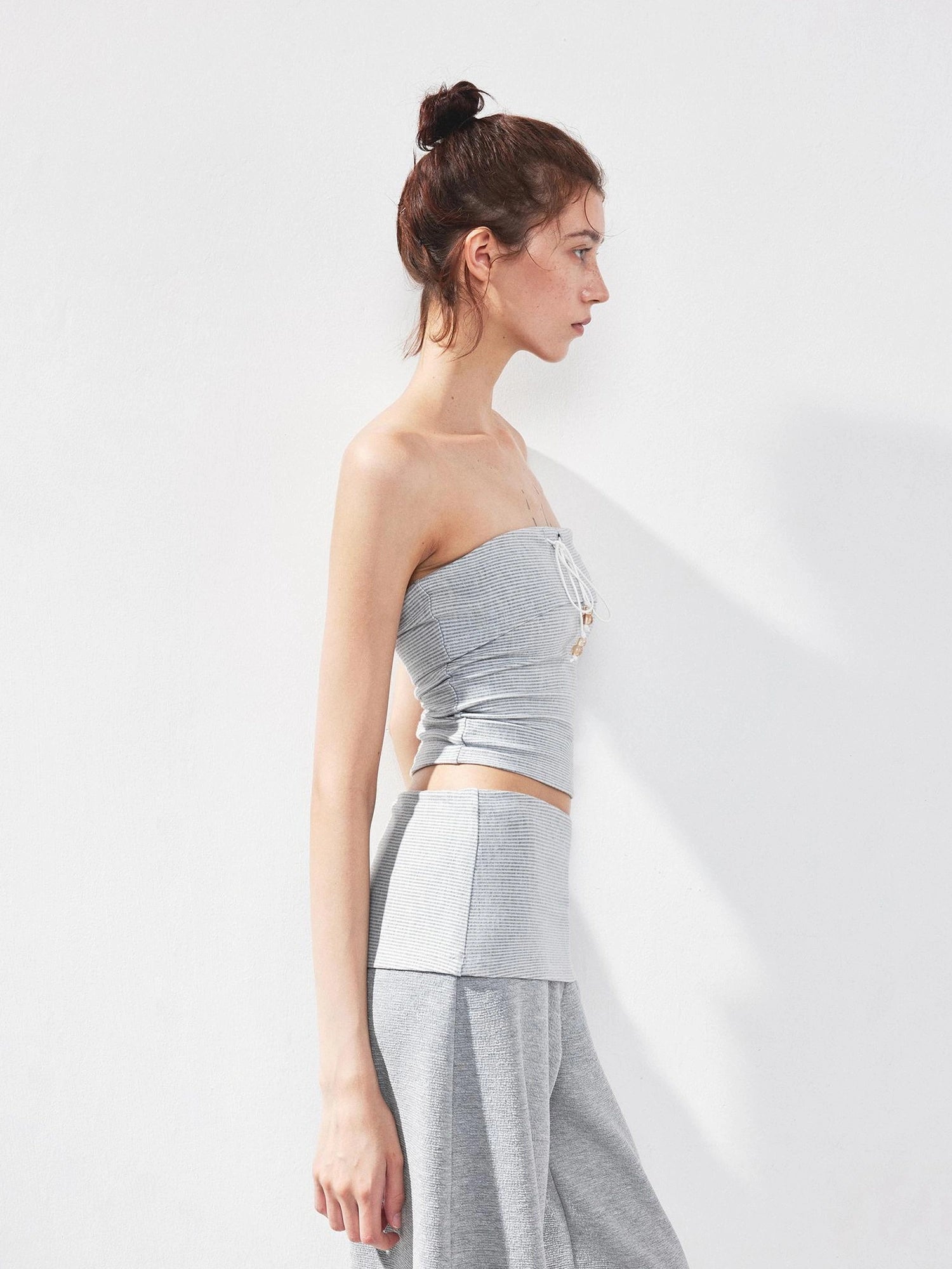 kvkv Gray Striped Fold Over Tie Front Yoga Top