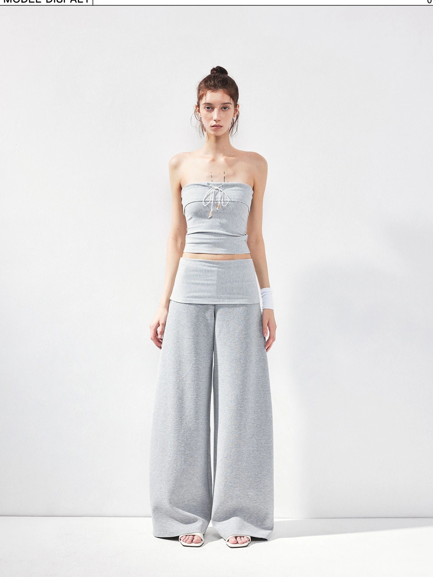 kvkv Gray Striped Fold Over Tie Front Yoga Top