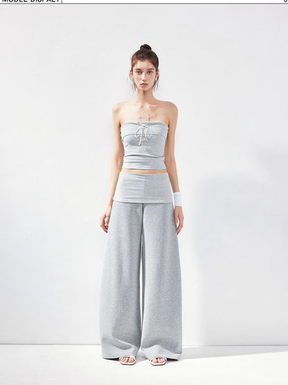 kvkv Gray Striped Fold Over Tie Front Yoga Top