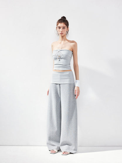 kvkv Gray Striped Fold Over Tie Front Yoga Top