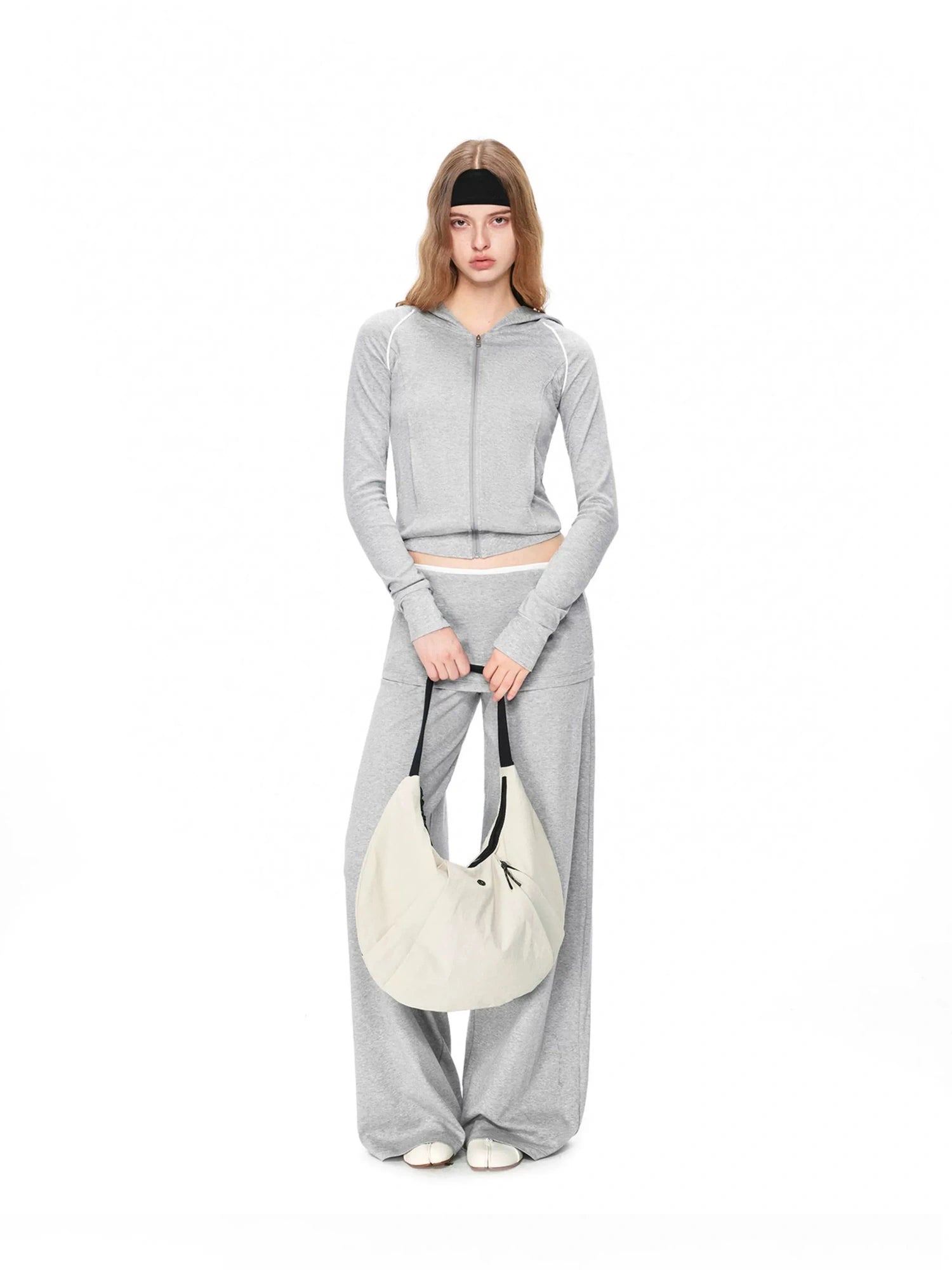 kvkv Gray White Contrast Hooded Slim Zip Up Jacket