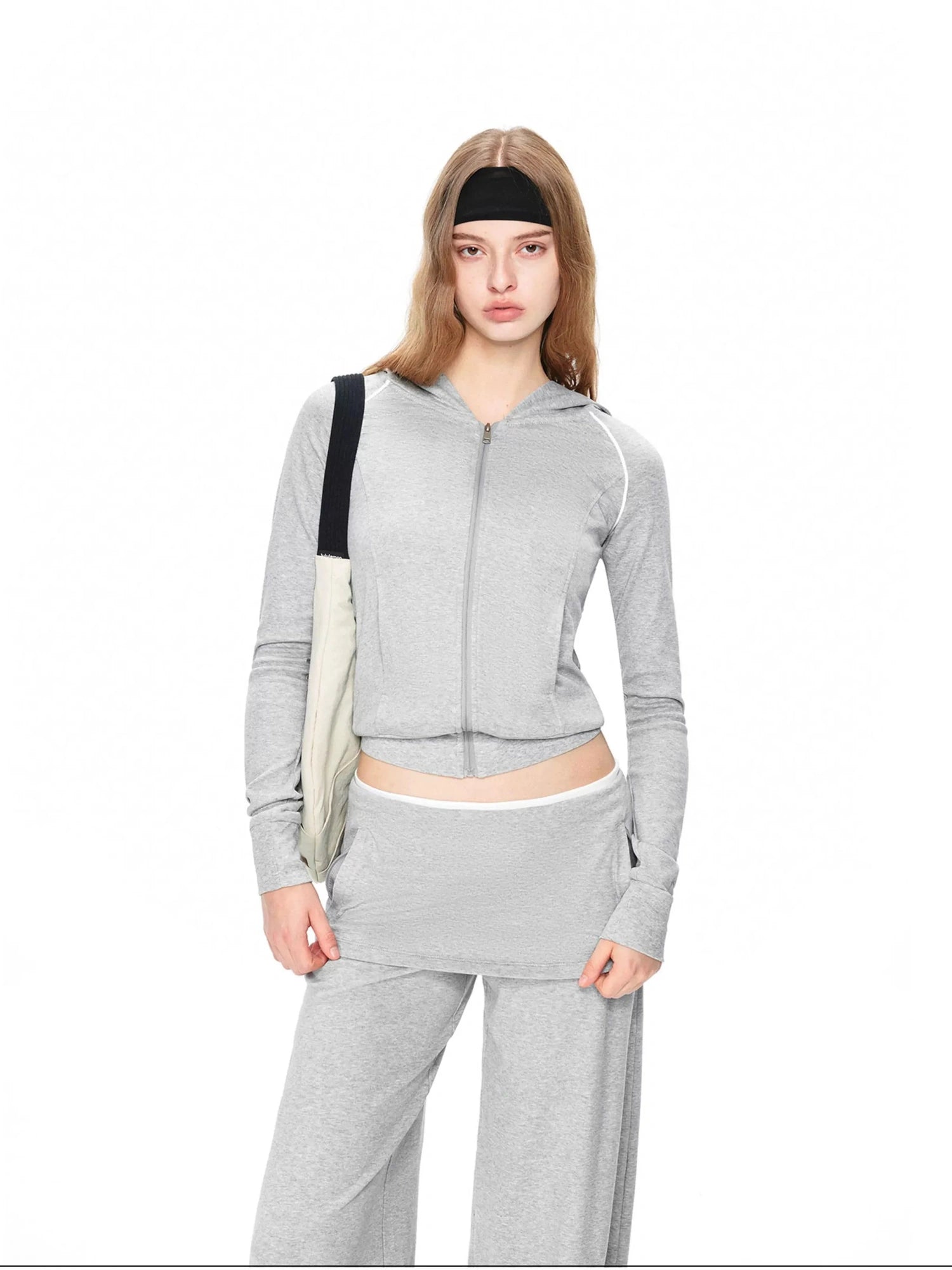 kvkv Gray White Contrast Hooded Slim Zip Up Jacket