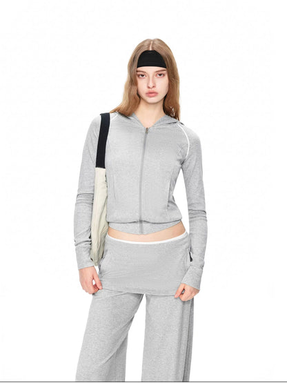 kvkv Gray White Contrast Hooded Slim Zip Up Jacket