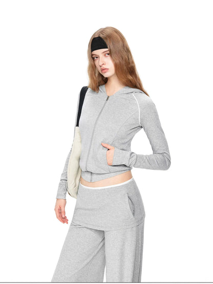 kvkv Gray White Contrast Hooded Slim Zip Up Jacket