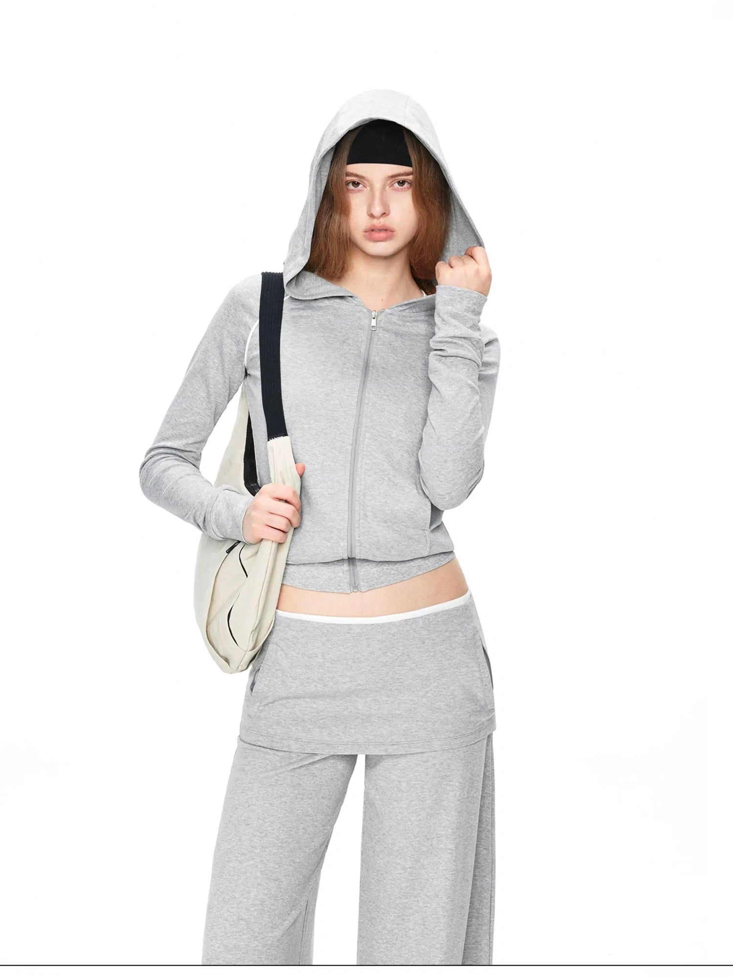 kvkv Gray White Contrast Hooded Slim Zip Up Jacket