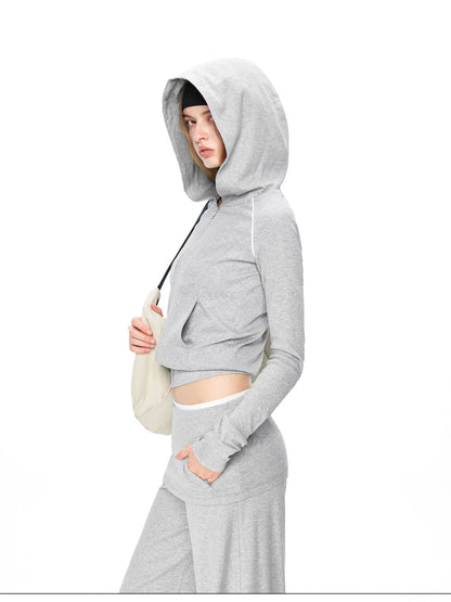 kvkv Gray White Contrast Hooded Slim Zip Up Jacket