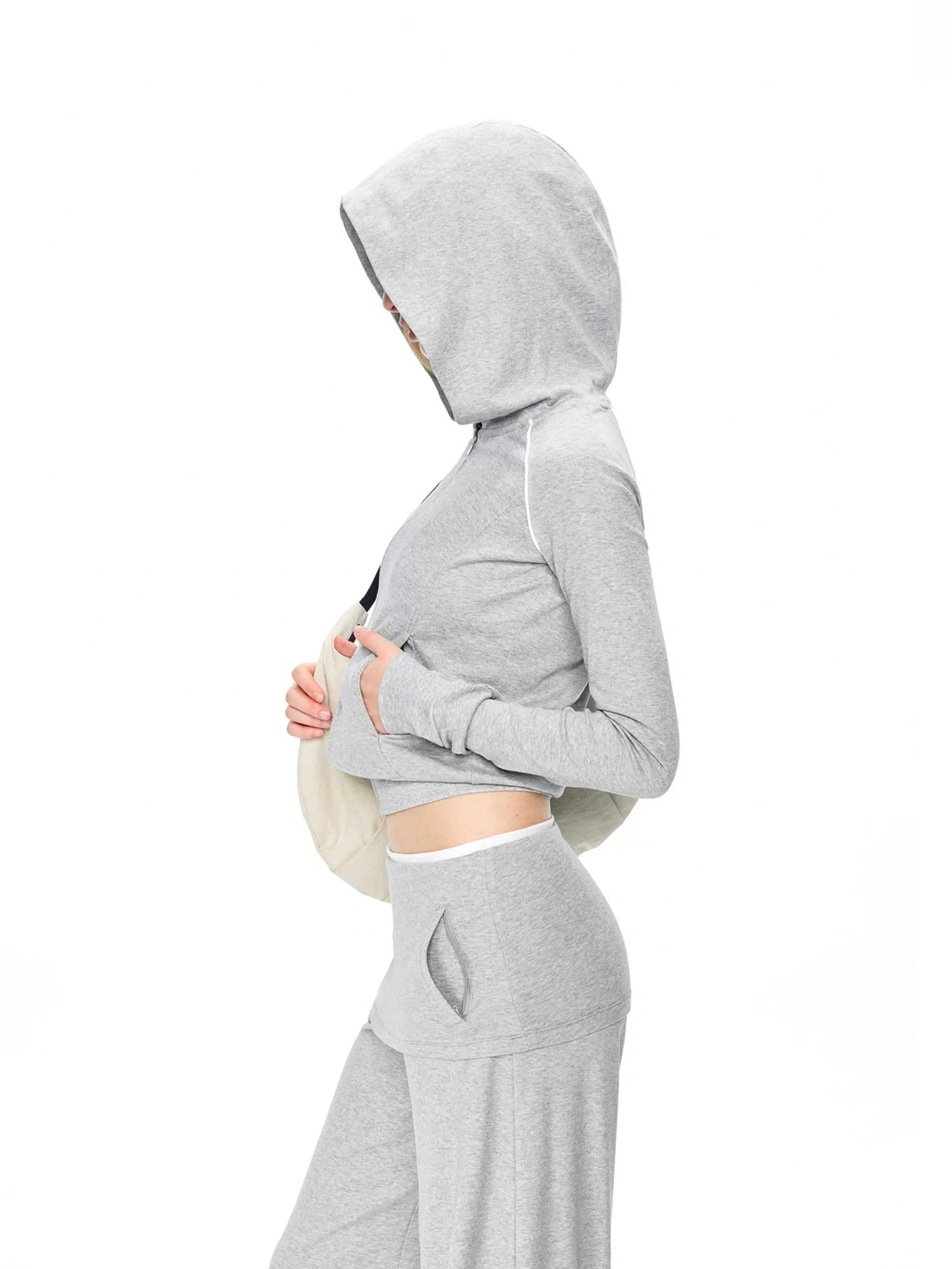kvkv Gray White Contrast Hooded Slim Zip Up Jacket