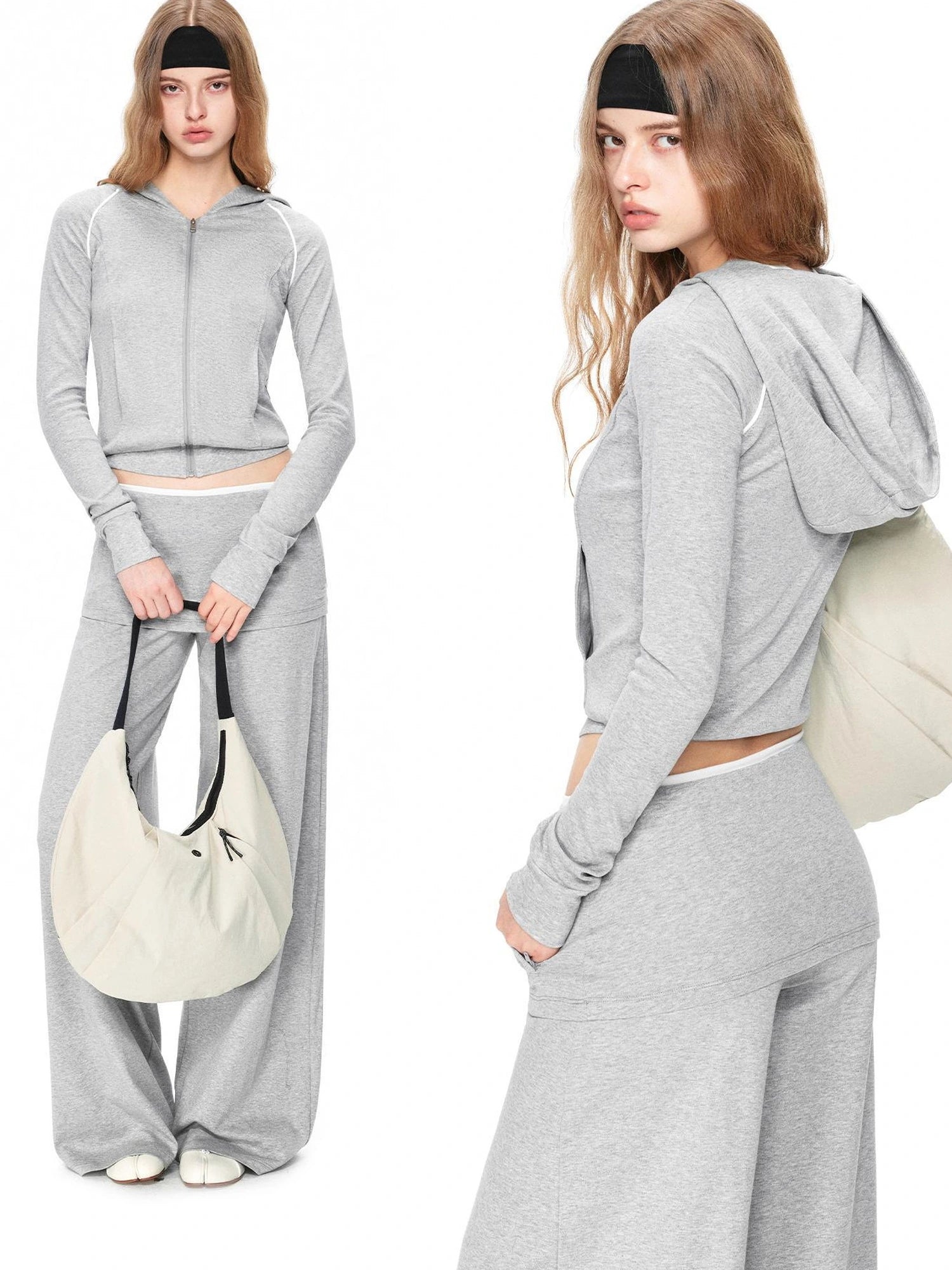 kvkv Gray White Contrast Hooded Slim Zip Up Jacket