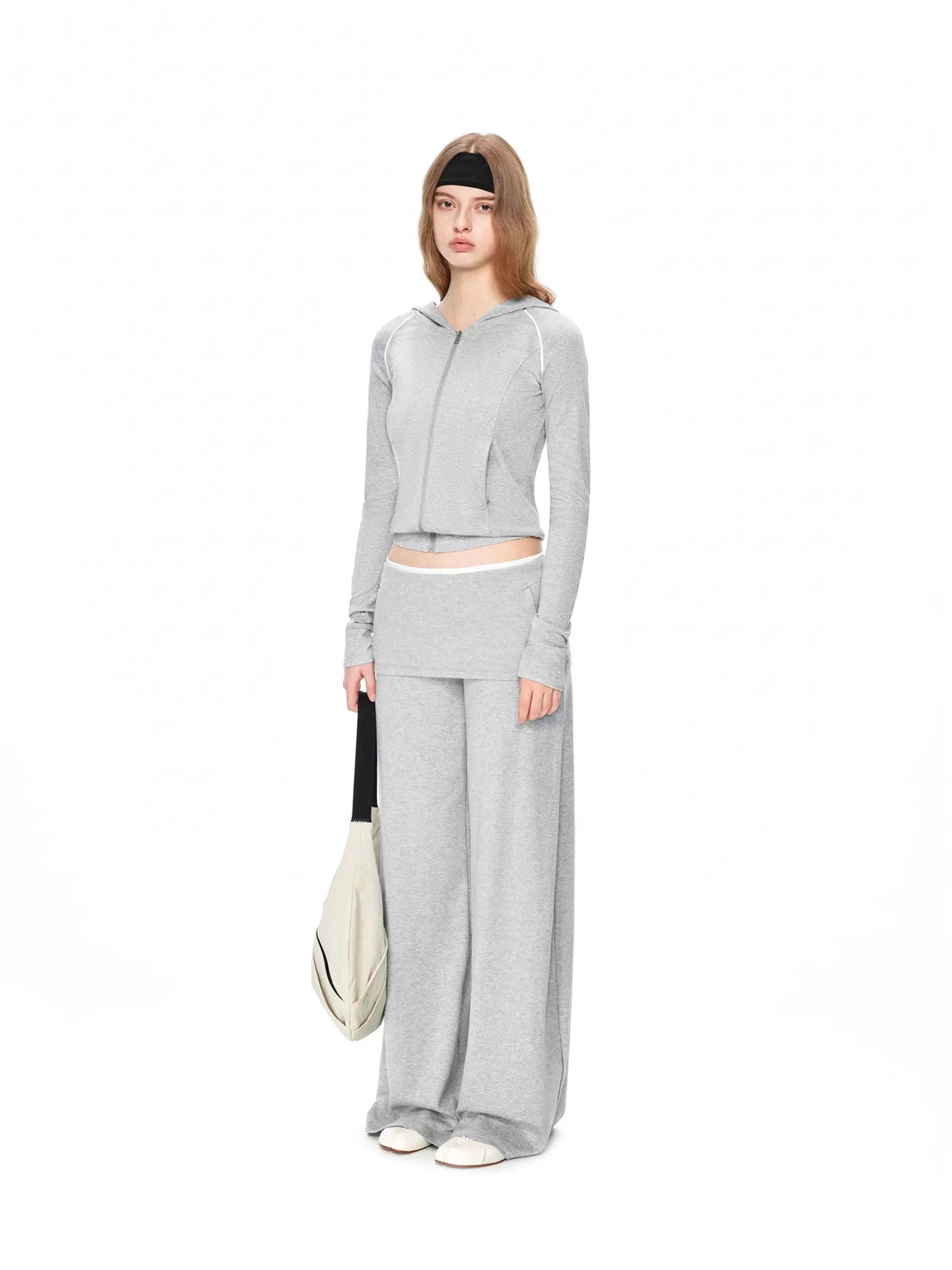 kvkv Gray White Contrast Hooded Slim Zip Up Jacket