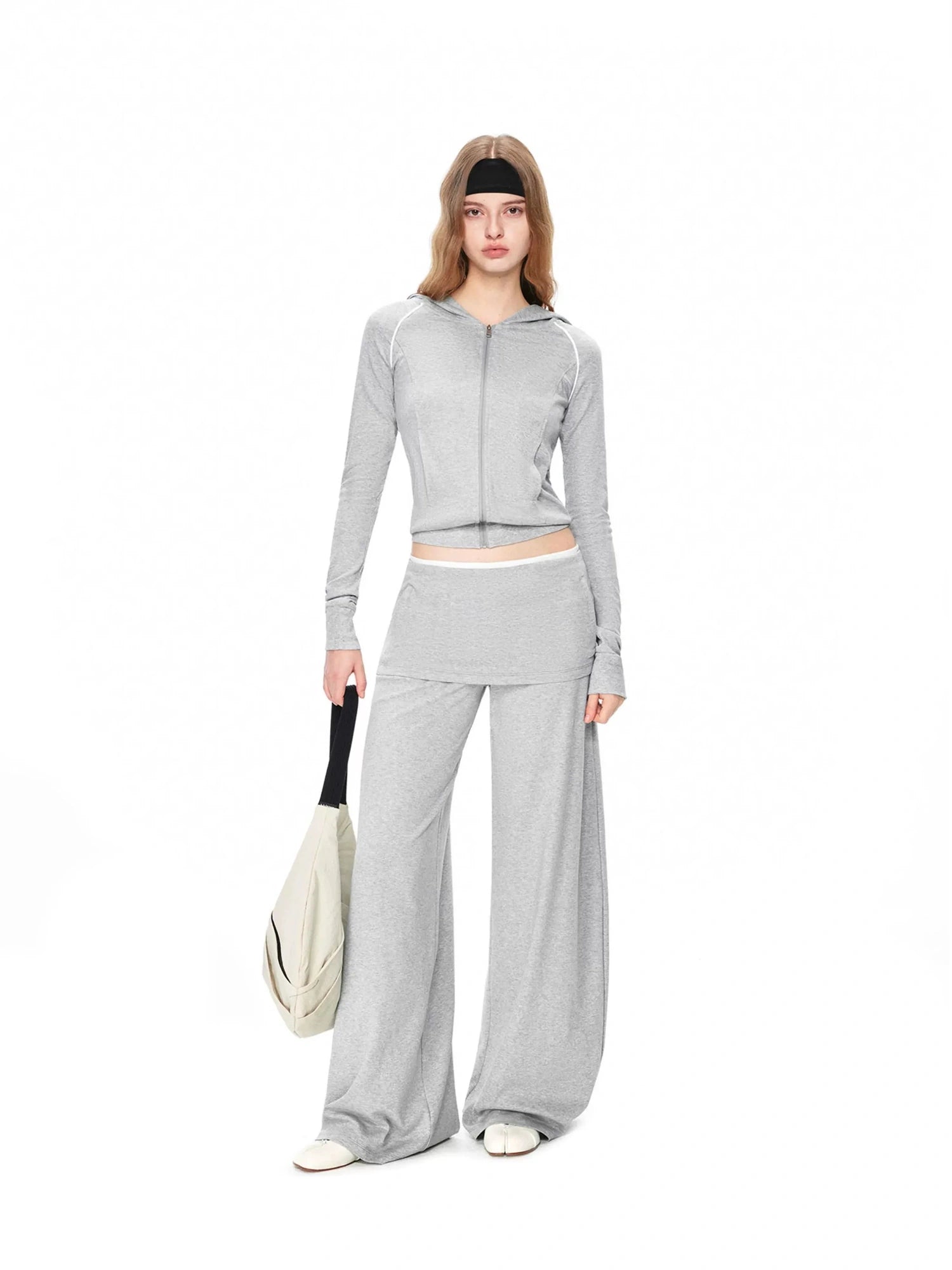 kvkv Gray White Contrast Hooded Slim Zip Up Jacket