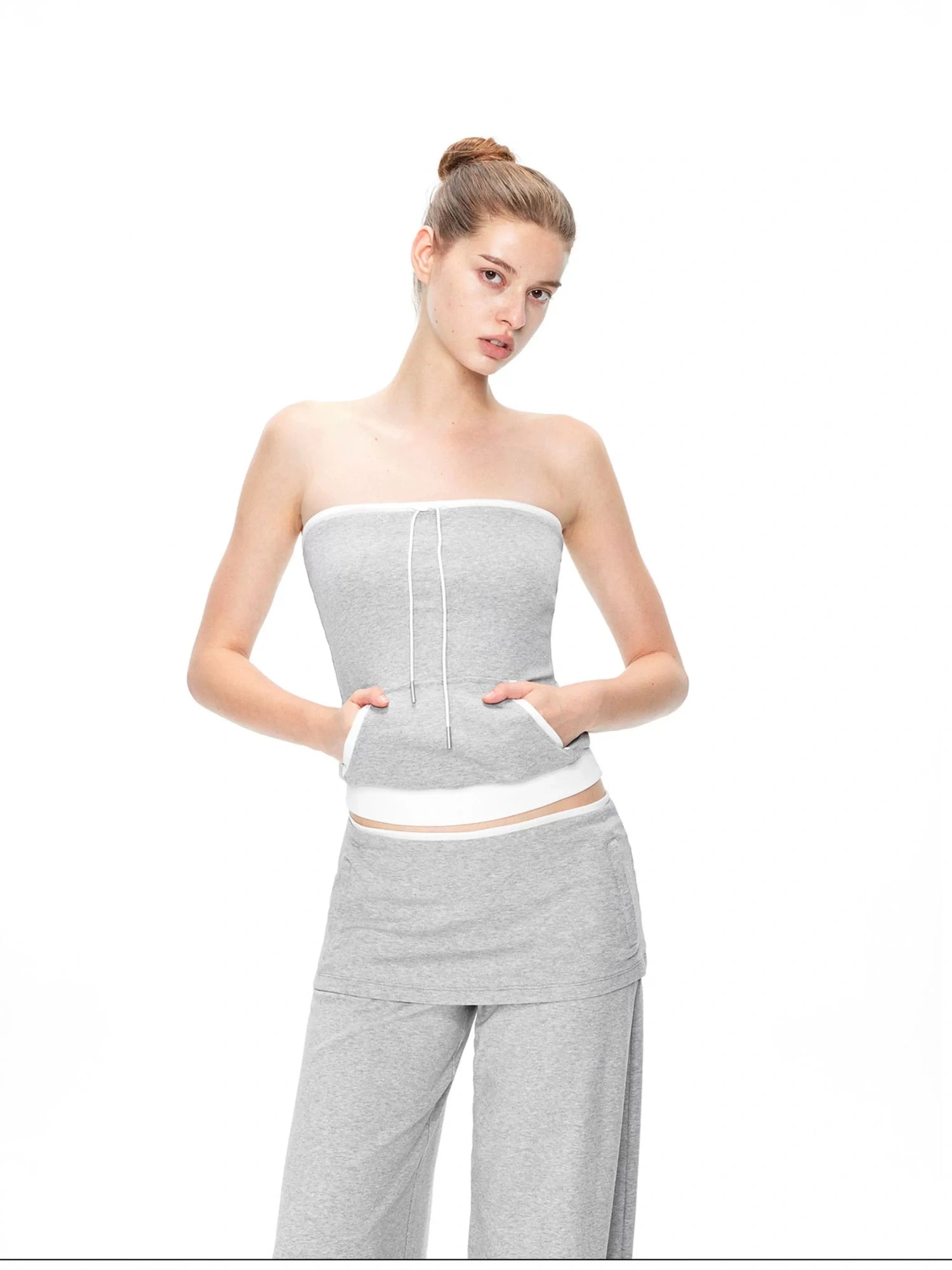 kvkv Gray White Drawstring Kangaroo Pocket Bustier