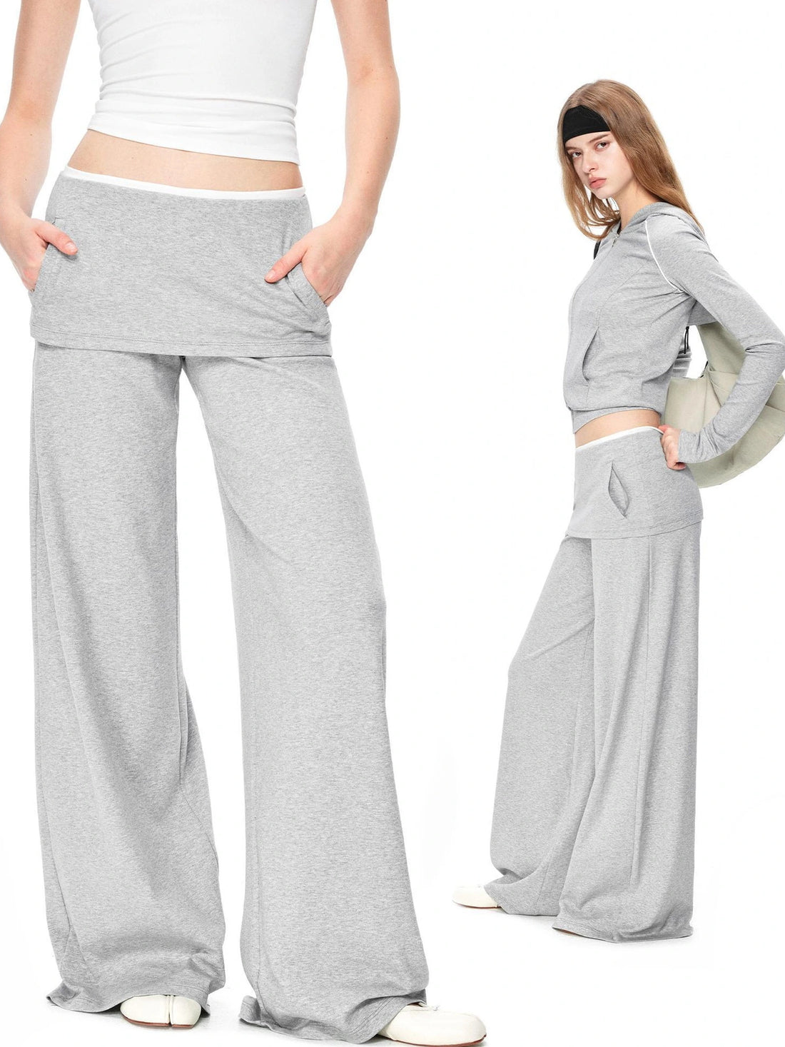 kvkv Gray White Layered Waist Flared Trousers