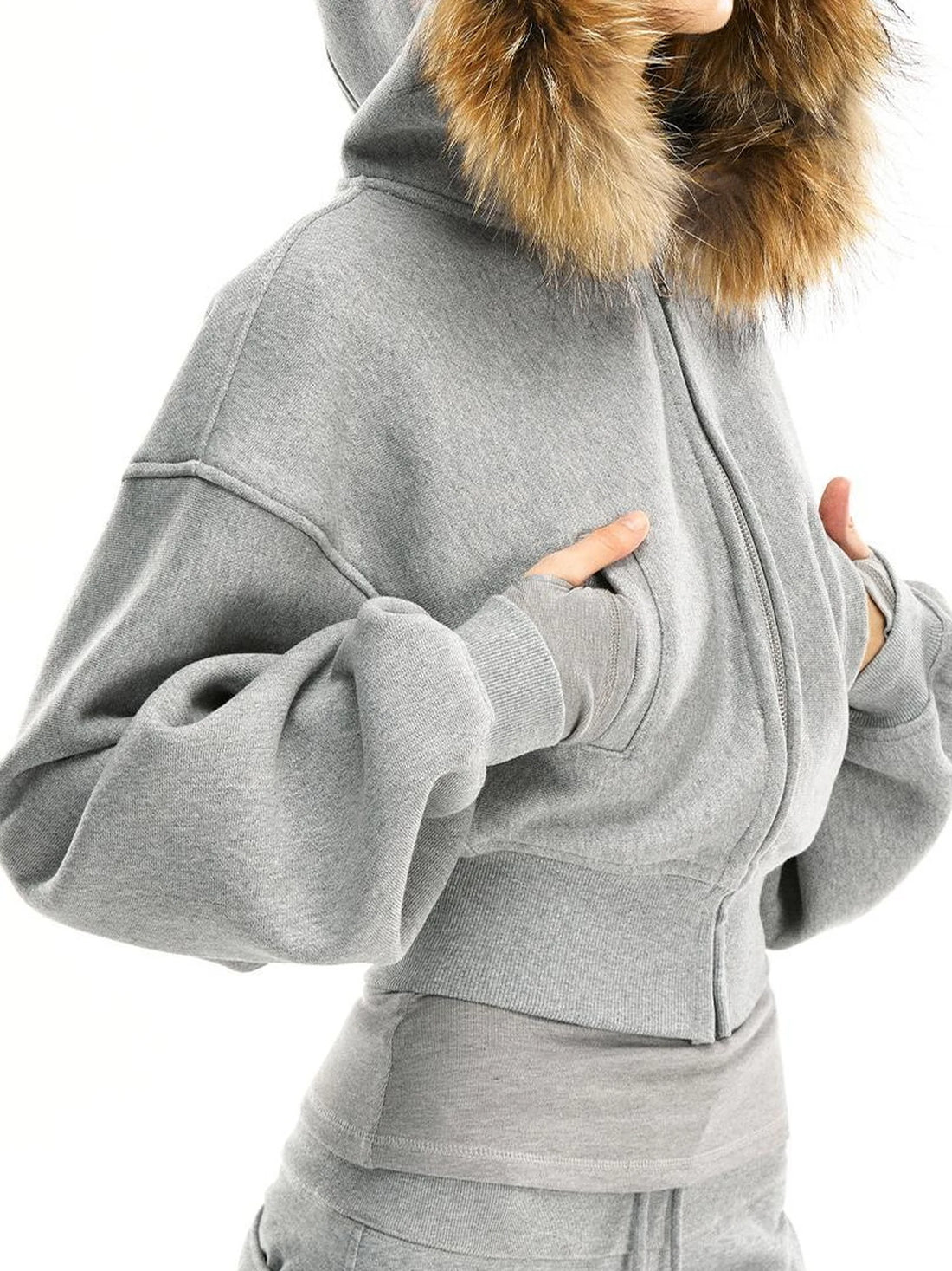 kvkv Grey Short Zip Hoodie With Raccoon Fur Trim