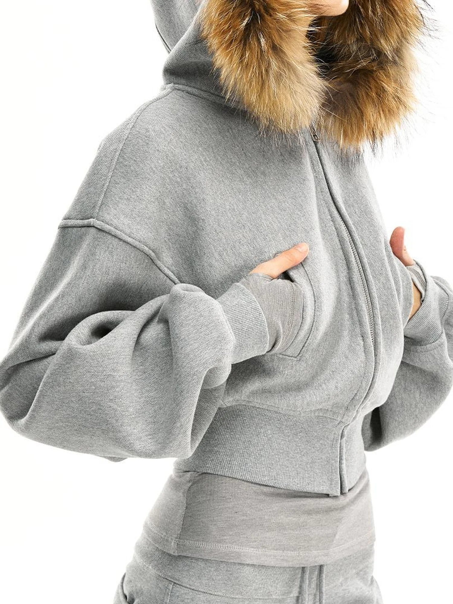 kvkv Grey Short Zip Hoodie With Raccoon Fur Trim